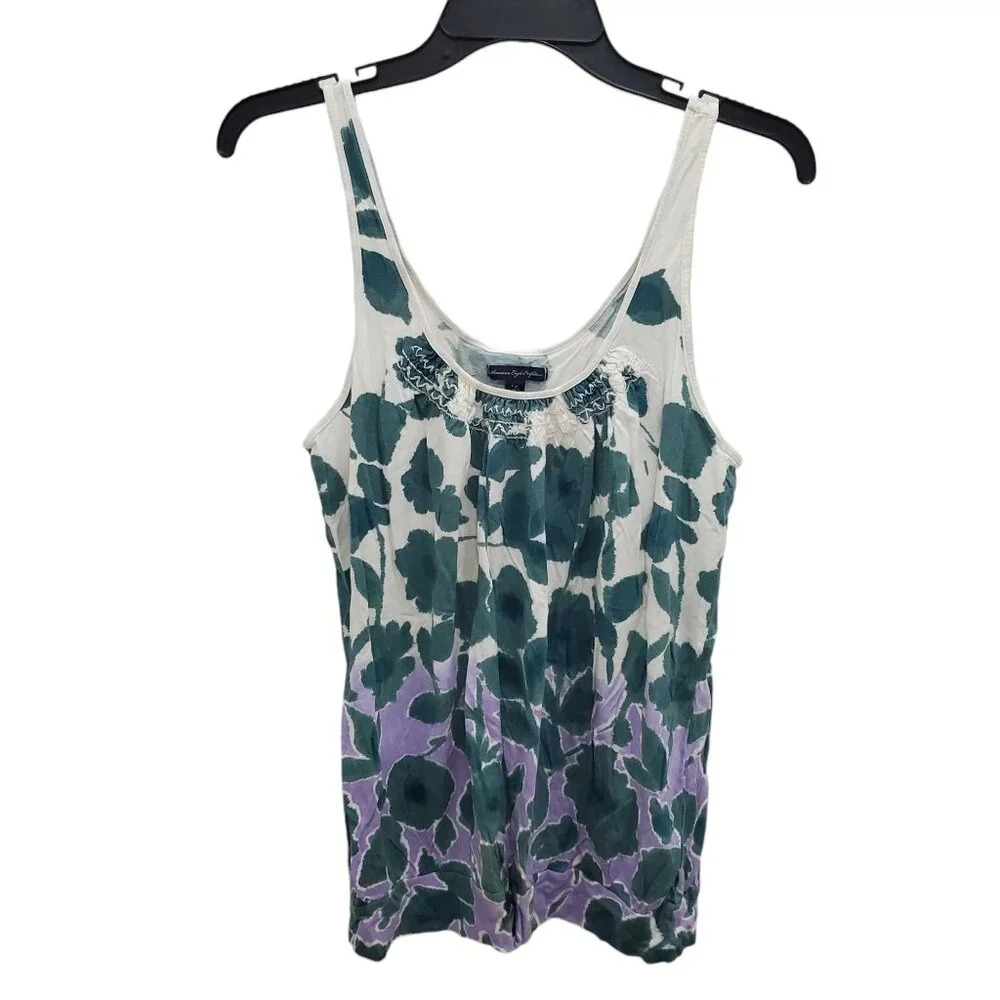 American Eagle Women's Y2K White Green Purple Abstract Print Banded Scoop Tank L